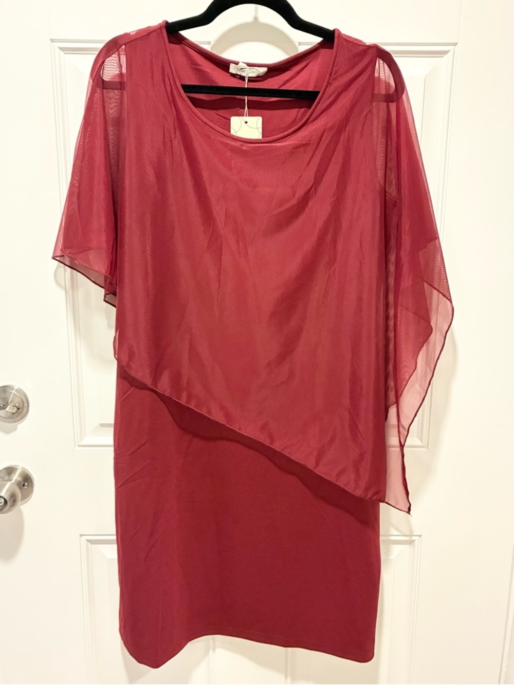 SeSe Code Red Asymmetric Mesh Cape Overlay Sleeveless Pencil Dress -Large